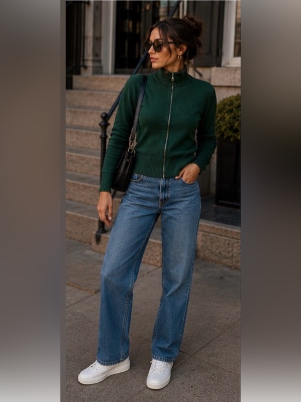 Forest Green Zip Front Knit Sweater | Fitted Mock Neck Cardigan | Quiet Luxury - Picture 4 of 11